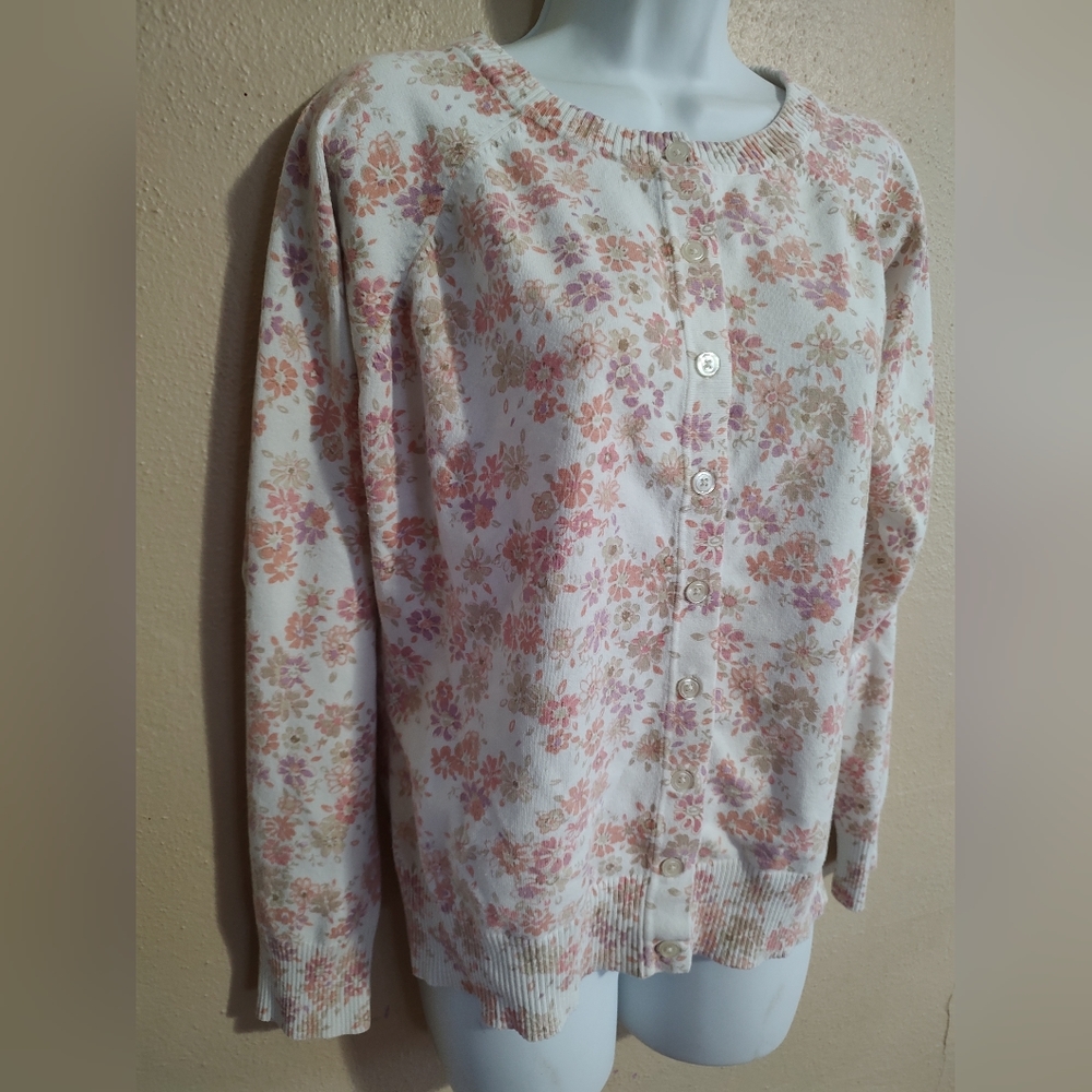 Pink Purple & White Floral Print Spring Cardigan Basic Editions SZ Small Medium - Picture 2 of 10
